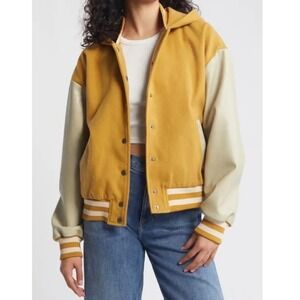 New Steve Madden Finn Varsity Jacket Mustard Ginger Spice Faux Leather Hooded S